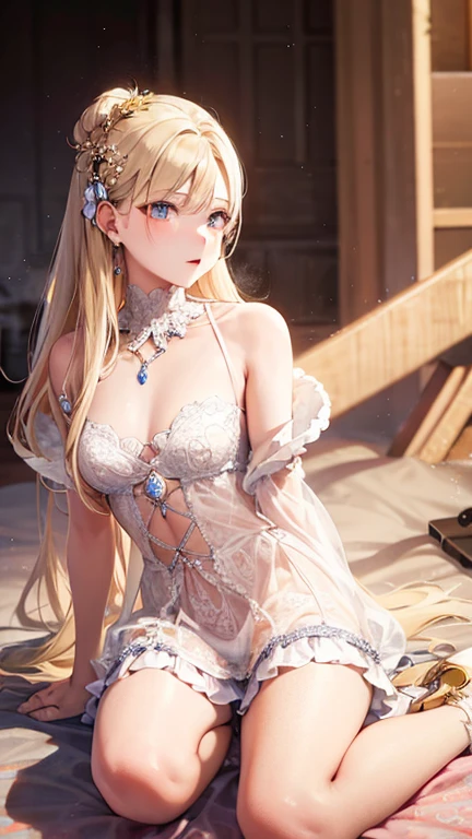 (Masterpiece, Top Quality, Best Detail, Official Art, Beautiful and Aesthetic: 1.2), (1 Girl: 1.3), Highly Detailed, (Fractal Art: 1.1), (See-through: 1.3), (Lingerie Dress: 1.5), (Cowboy Shot: 1.5), (Shiny Skin), (Mekosuji: 1.4), (Tiara: 1.4), (Low Rise Panties: 1.4), breasts with beautiful shape, slim waist, golden hair, looking at the viewer, detailed eyes, metal ornaments, very delicate details, frontal figure, light illuminating the face,