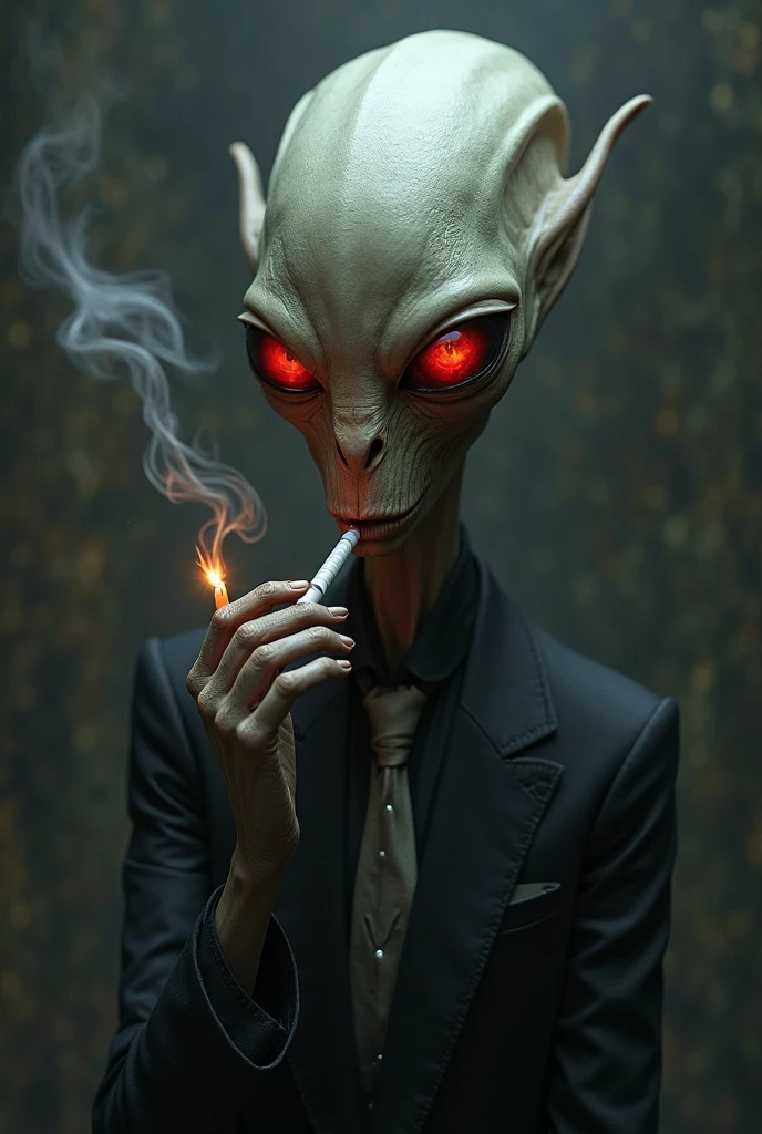 a grey alien sits on a ragged dirty couch and smokes a cigarette in one hand while he holds a tv remote in the other, grungy, dirty, filth, interior, apartment, dim light