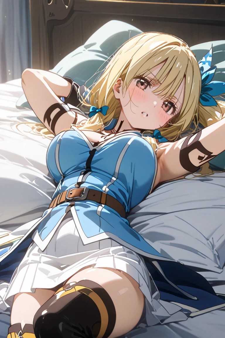 masterpiece, ((ultra detailed background, delicate pattern, intricate detail)), (highly detailed, fine details), best quality, beautiful lighting, ((medium breasts, slim girl)),Dark Magician Gril, ((cropped white shirt, red skirt, midriff,)), simple shirt, 1girl,blonde hair, solo, long hair, jewelry, blue eyes, smug 1.2, smile, earrings, covered shoulders, (complex detailed background, inside, room environment, wooden walls, bed, light rays), (cowboy shot) Siting on edge of bed. looking down, view looking up, footjob