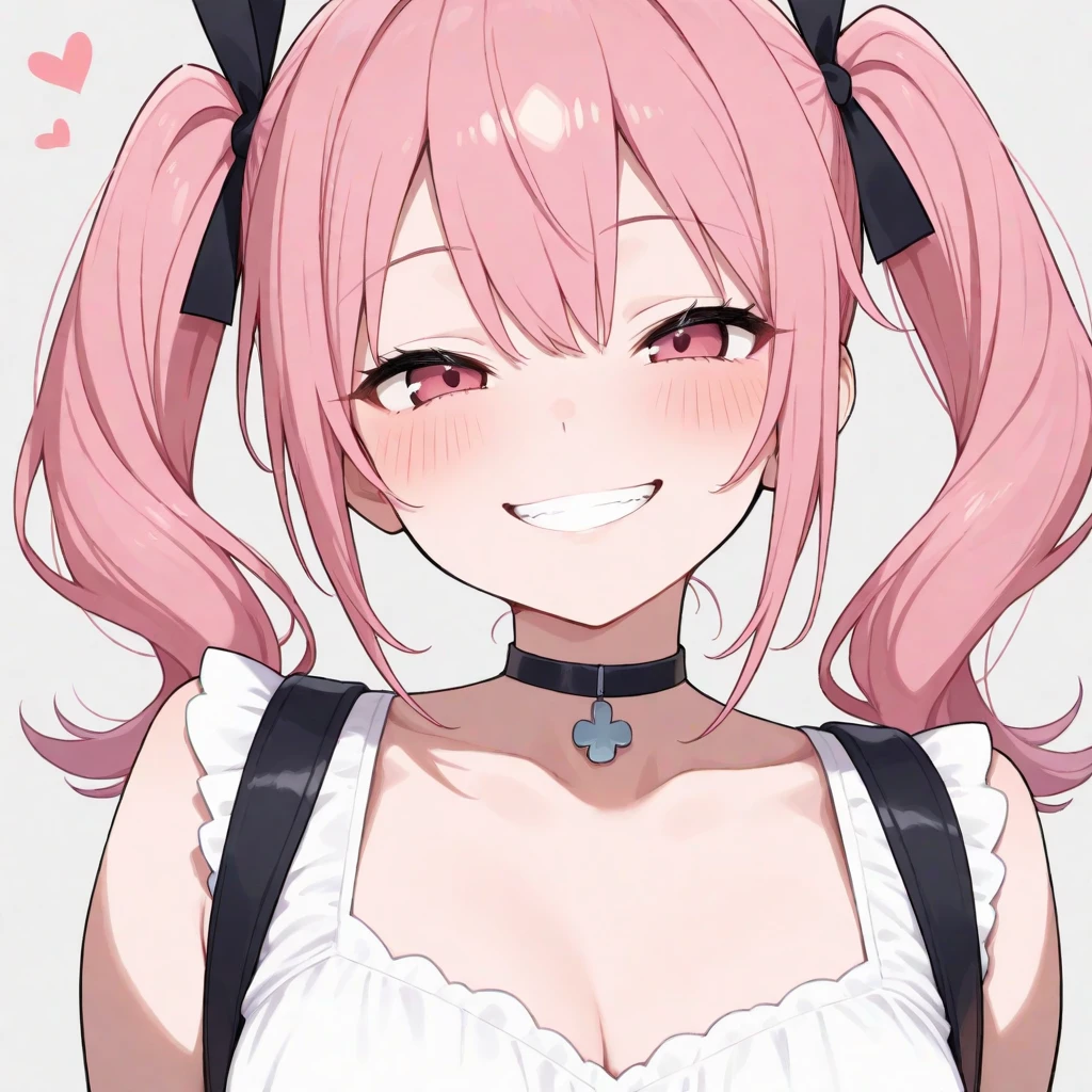 Tall pale girl with black hair in a ponytail, light yellow eyes and eyelashes. Pink heart hair piece, white earrings. Very well endowed.