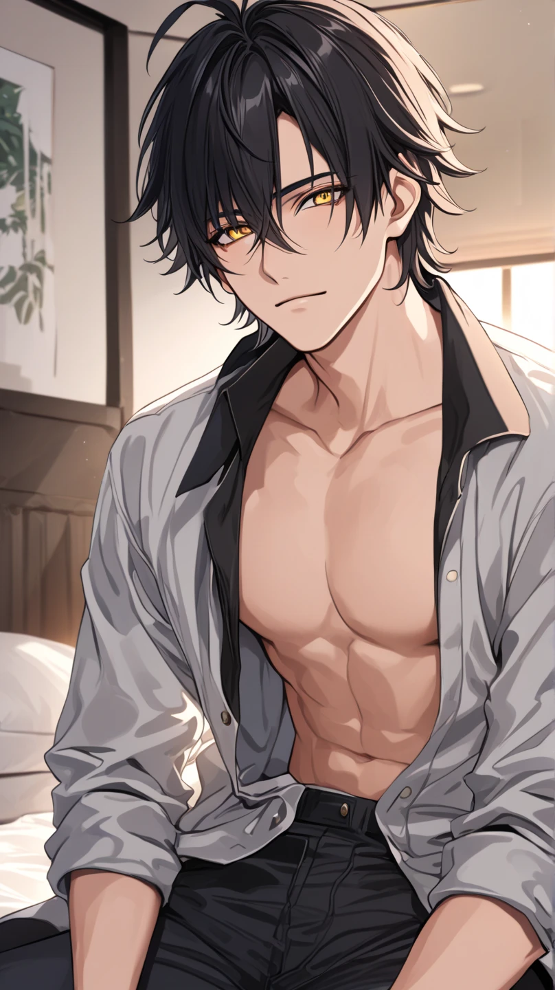 1 guy, black jeans, black hair, press, Thin, pale, Glasses, black hair, a little sporty, Glass eyes, anger, Evil smile, Blur background, Best quality, Brown eyes, Houses, in bed, Under the covers, sleeping,
