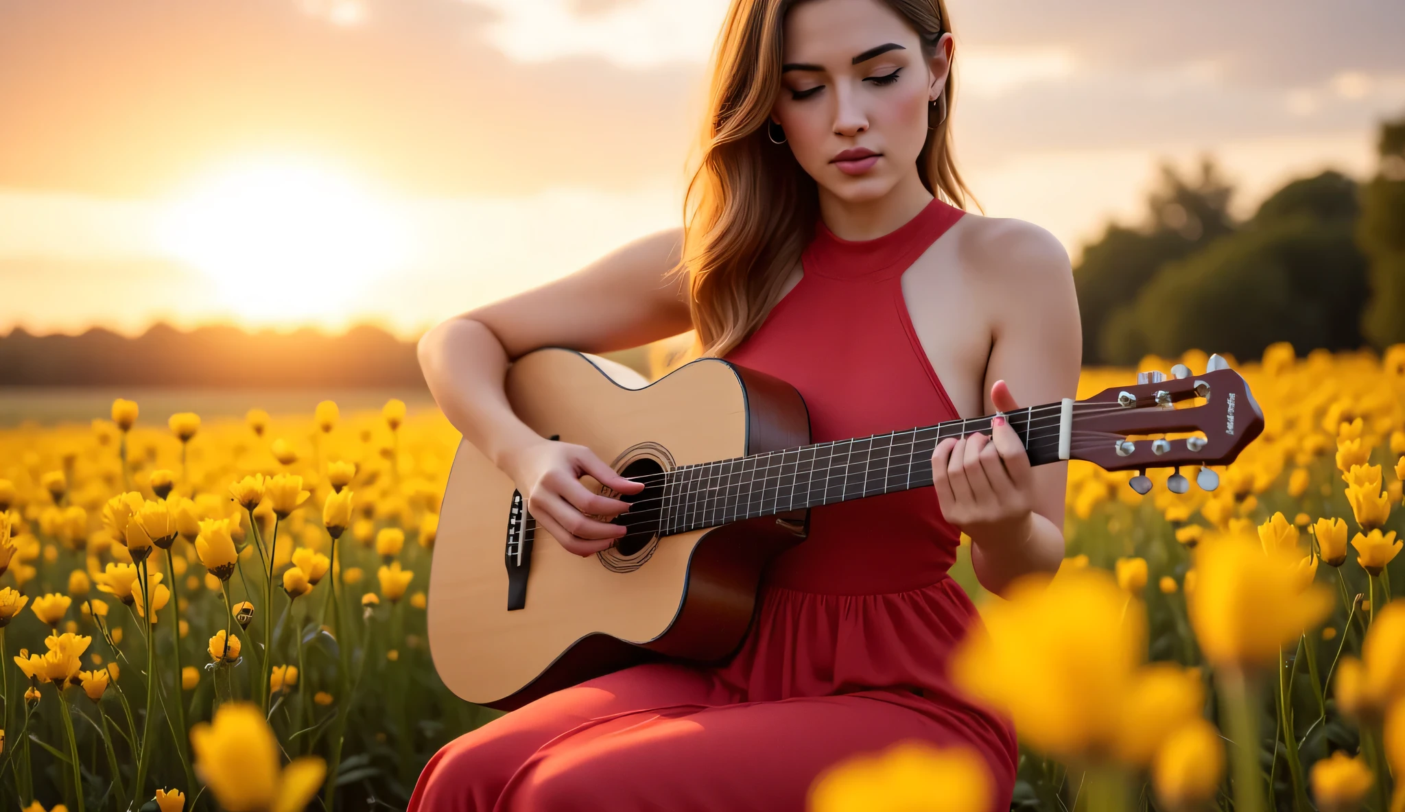A young woman sitting in a field of blooming yellow wildflowers during golden hour, playing an acoustic guitar, worshiping in nature, with the sun low in the sky behind her, warm backlight, glowing sun rays, serene expression, flowing dress, peaceful and spiritual mood, cinematic composition, 4K, high detail.
--neg: text, watermark, logo, extra limbs, deformed hands, distorted face, blurry, cartoon, anime style, low resolution