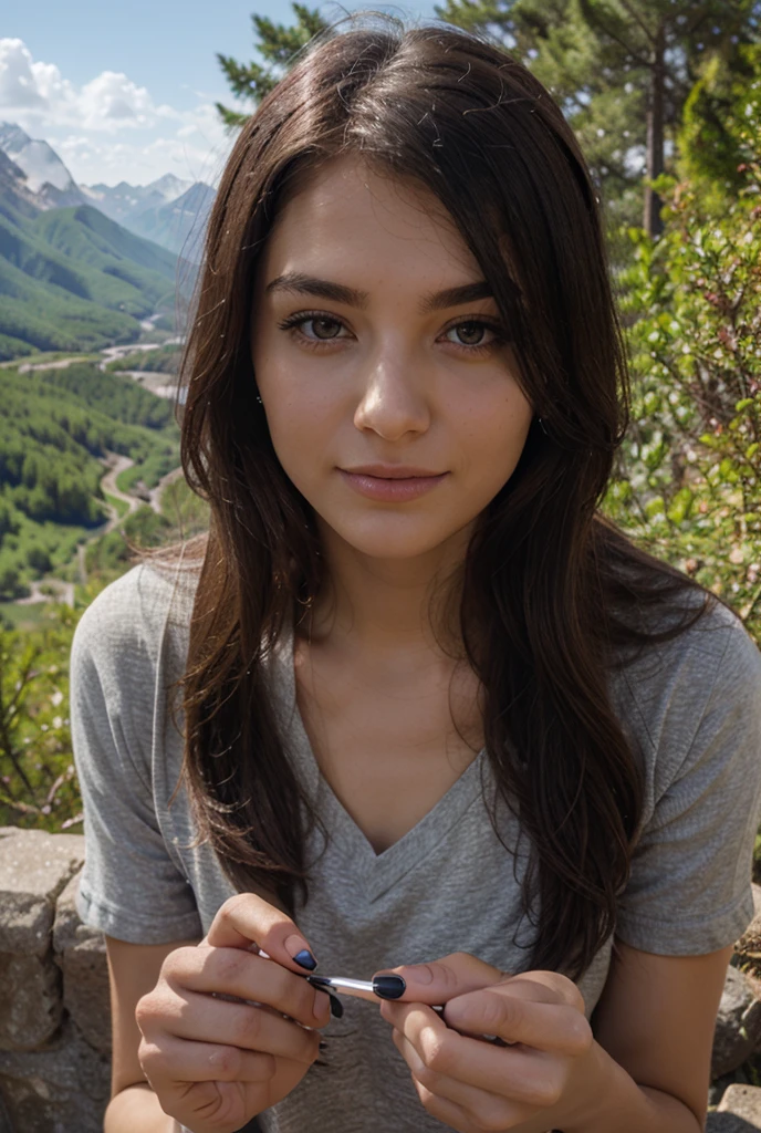 Photorealistic, Best quality, ultra - detailed, Beautiful woman, Selfie Photos, medium upper body shot, Solo, wearing pullover, Outdoors, (Night), mountain scene, The essence of real life, stars, Moon, (Hefty Smile、brunette color hair、Sixteen years old、cheerful small breasts, cheerful neseanie, flash lights, forest, Boulders, River, wood, Smoke, Heavy fog, Crystal clear sky, analogue style, view the viewer, Skin texture, filmgrain, Close up, 超A high resolution, Best shadow, primitive, Instagram LUT