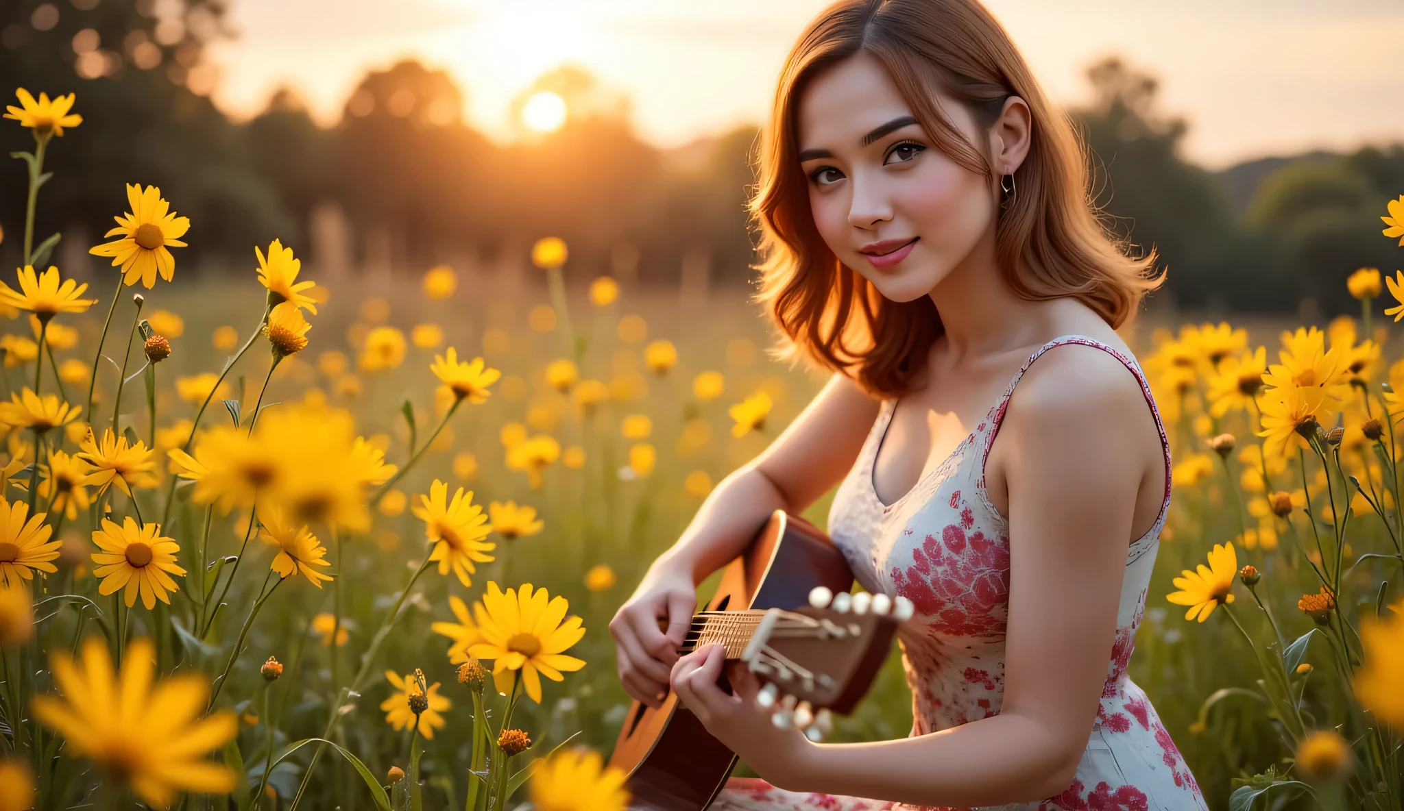 A young woman sitting in a field of blooming yellow wildflowers during golden hour, playing an acoustic guitar, worshiping in nature, with the sun low in the sky behind her, warm backlight, glowing sun rays, serene expression, flowing dress, peaceful and spiritual mood, cinematic composition, 4K, high detail.
--neg: text, watermark, logo, extra limbs, deformed hands, distorted face, blurry, cartoon, anime style, low resolution