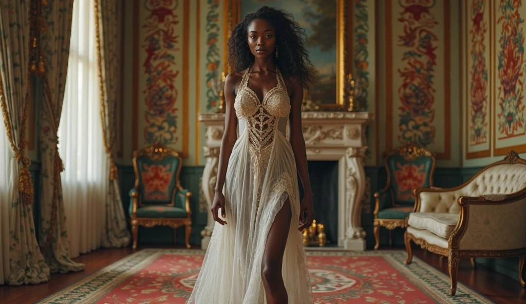 Girl, African American, but with long curly hair, exotic beauty, charismatic, sophisticated beauty, slender figure, C-cup breasts, naked in transparent lingerie, dressed in Gothic style, lying on a bed in a room of a Victorian castle, Victorian style, gothic, exquisite erotica , masterpiece, cinema, cinematic quality, art painting, 8k, cinematic quality