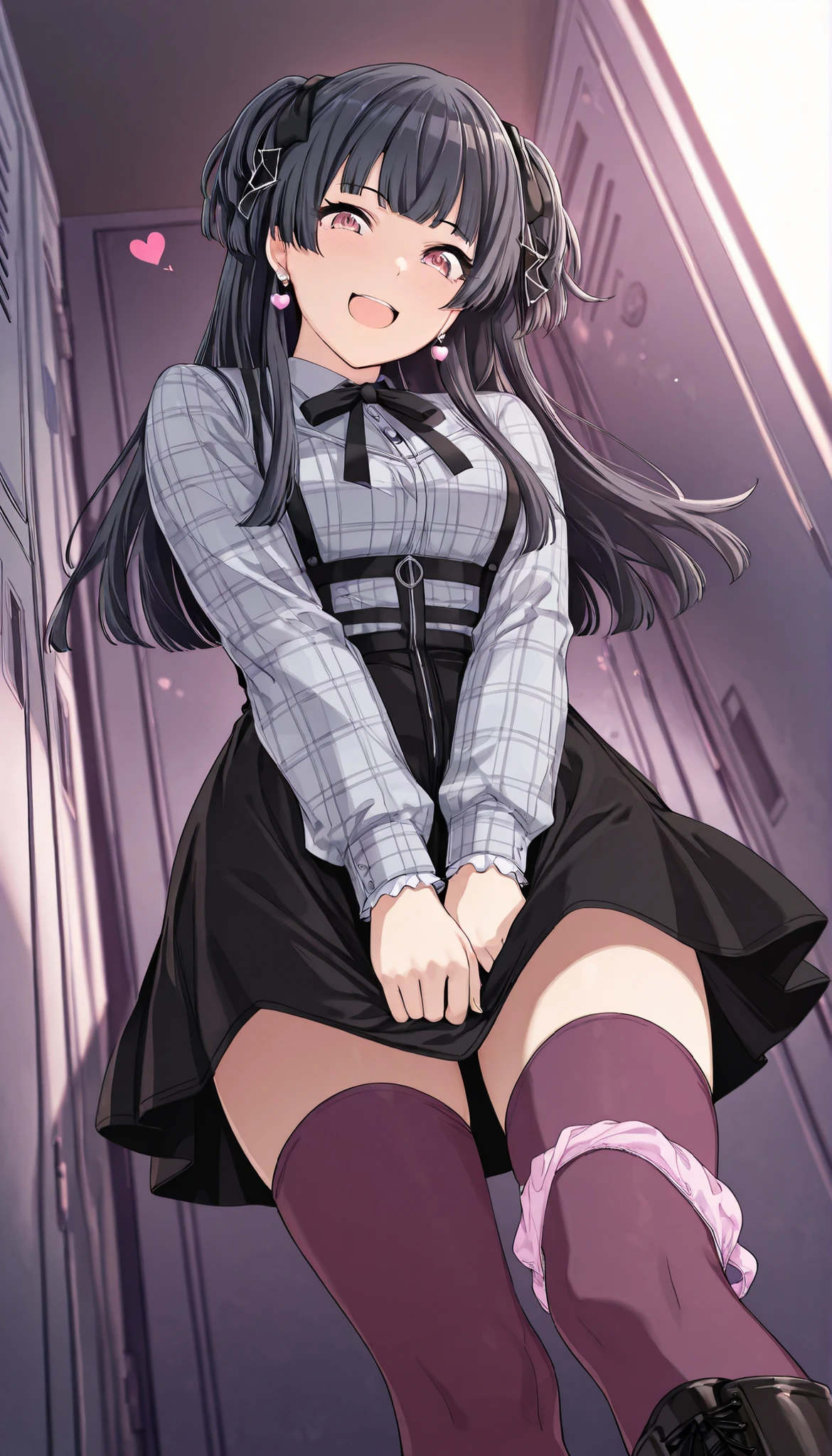 skirt tug, panties around legs,
,looking at viewer, from below, very low-angle shot, (from below:1.8},
,BREAK,
mayuzumi_fuyuko, 1girl, solo, long hair, two side up, hair ribbon, earrings, neck ribbon, collared shirt, plaid shirt, grey shirt, long sleeves, (black skirt:1.3), thighhighs,boots,,,loafer,
smile, open mouth,looking at viewer, upper teeth only,
,\(troubled eyebrows:1.8\), smile, ,scorn,open mouth, (cheerful),looking at viewer,
pleasure, embarrassed,
, heart symbol,looking at viewer,
masterpiece,absurderes, beautiful detailed face,
BREAK, masterpiece,absurderes, beautiful detailed face,(masutepiece:1.2), Best Quality, High resolution, Unity 8k wallpaper, (Illustration:0.8), (Beautiful detailed eyes:1.6), extra detailed face, Perfect Lighting, extremely details CG, (Perfect hands, Perfect Anatomy)
indoor, locker room
