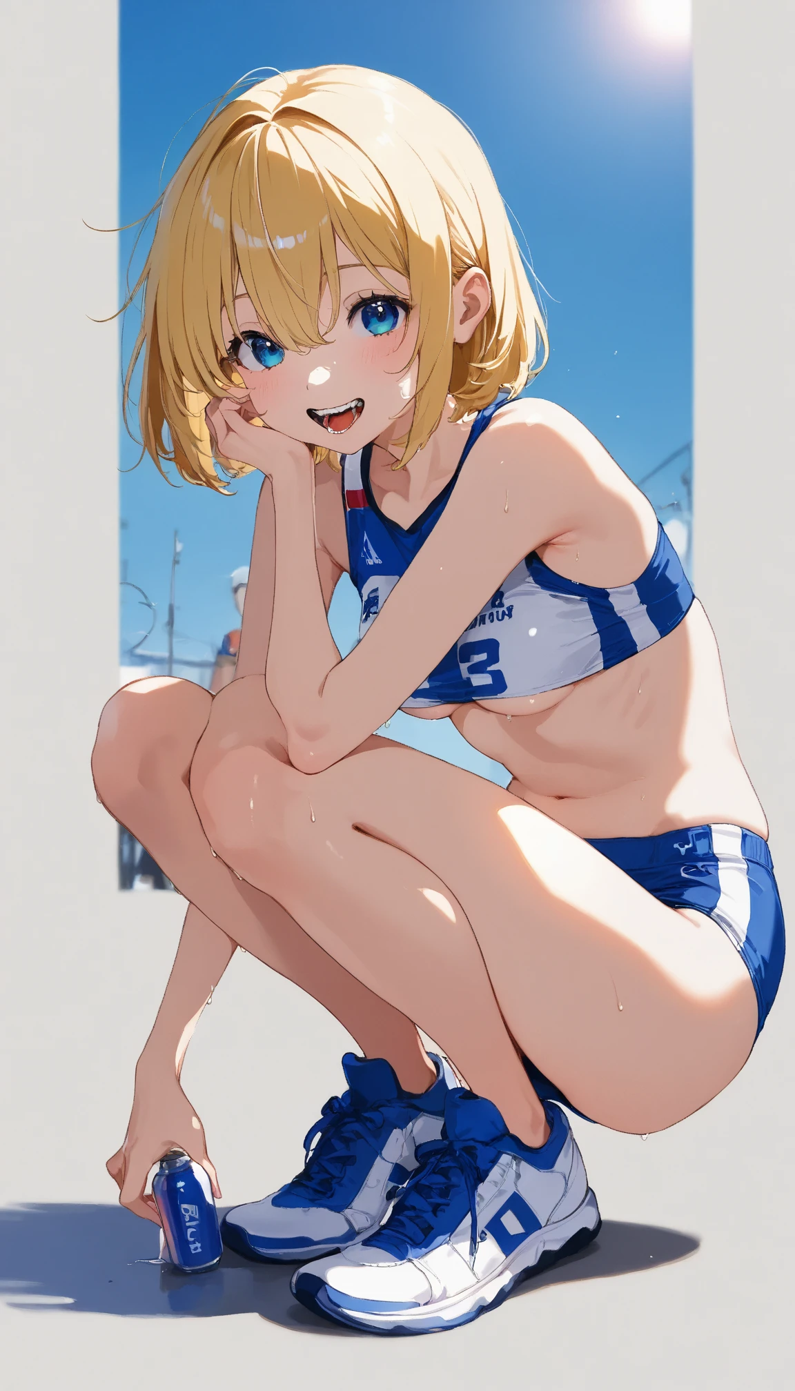 1girl,17yo,tanned body,short hair,sitting on ground,,open legs,spread legs,outdoor,bikini,looking viewer,socks,shoes,,(((Gyaru)))