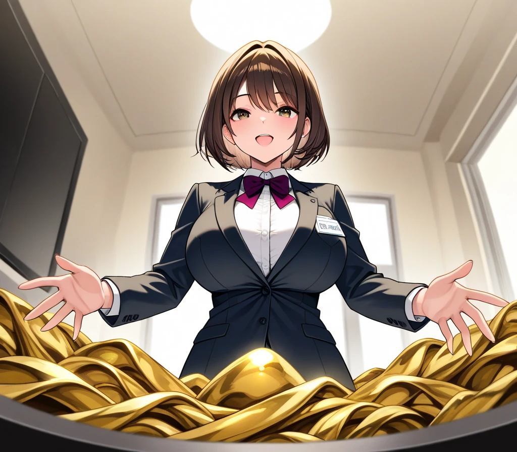 kase daiki.
a woman with a petite build with a small bust and narrow waist. Her dark hair is styled in a high, neat bun. She is wearing a tight-fitting bright yellow latex sleeveless dress with a high collar that emphasizes her slender figure. The dress has a shiny, light reflecting texture.
The setting is a modern, minimalist office with beige walls and a large dark brown desk. A woman sits on the edge of the desk, leaning back slightly and placing her hands on the desk. Behind her back are two modern table lamps with yellow shades, a small indoor plant, and a few office supplies, including a pen holder and stapler. The background is a gradient of warm tones going from beige to a darker brown, which creates a cozy, professional atmosphere. Below the woman is a yellow banner with bold black text : âizi winâ suggestive of a movie title or advertising message.
 <lora:kase-daiki-2:0.9>