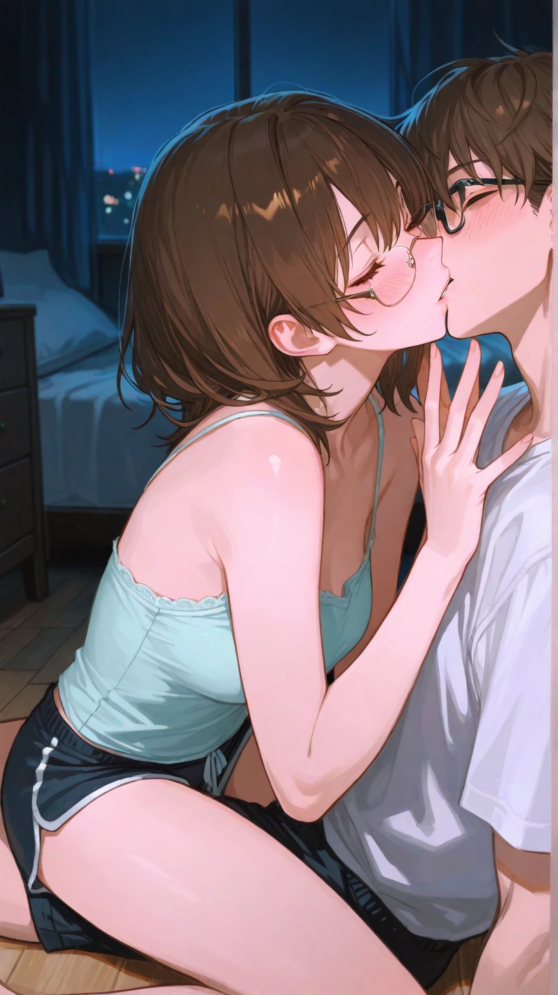 score_9, score_8_up, score_7_up, score_6_up, source_anime, masterpiece, best quality, very aesthetic, uncensored, 1girl, 1boy, (kiss on the lips:1.3), (American kiss), cute face, lace camisole, (no breast exposed), seductive, voluptuous, short hair, brown hair, pubic hair, excessive hairy pussy, sex, pussy juice, moaning, penis in pussy, (boy's hand touch her breast), living room, window, window blinds