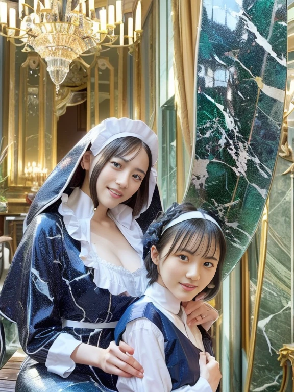Majestic queens in gorgeous dresses。Pair of women。Fur Cape。A room in a Gothic palace。Watching the audience、((Fisheye Lens))