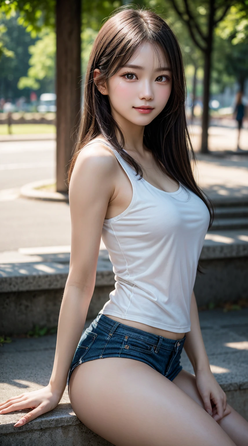 8K, masterpiece, raw photo, best quality, realistic, extremely detailed CG unity 8K wallpaper, depth of field, cinematic light, lens flare, ray tracing, (very beautiful face, beautiful lips, beautiful eyes), Face with intricate details, ((highly detailed skin)), best quality, masterpiece, ultra high resolution, (realistic photo:1.5), Original image, 1 woman, crop top, shorts, smooth, long legs, sexy look, pretty ,Smile faintly, long hair, medium shot, big bust, divided, six pack abs, Morning in the city park.