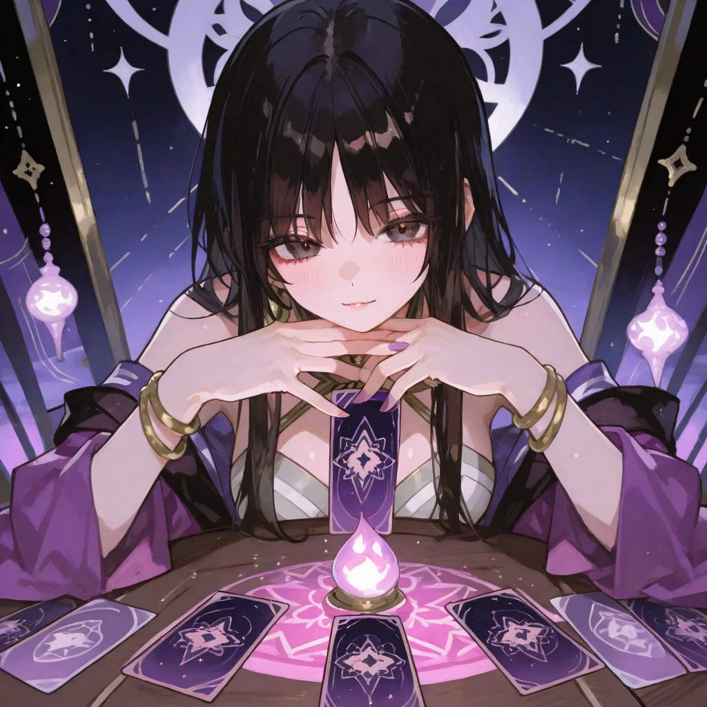 a sexy milf with a blindfold on, has very long purple hair, breasts, showing cleavage, has fox ears, wearing sakura kimono, in a gypsy tent, reading a crystal ball and surrounded by tarot cards, surrounded by candles