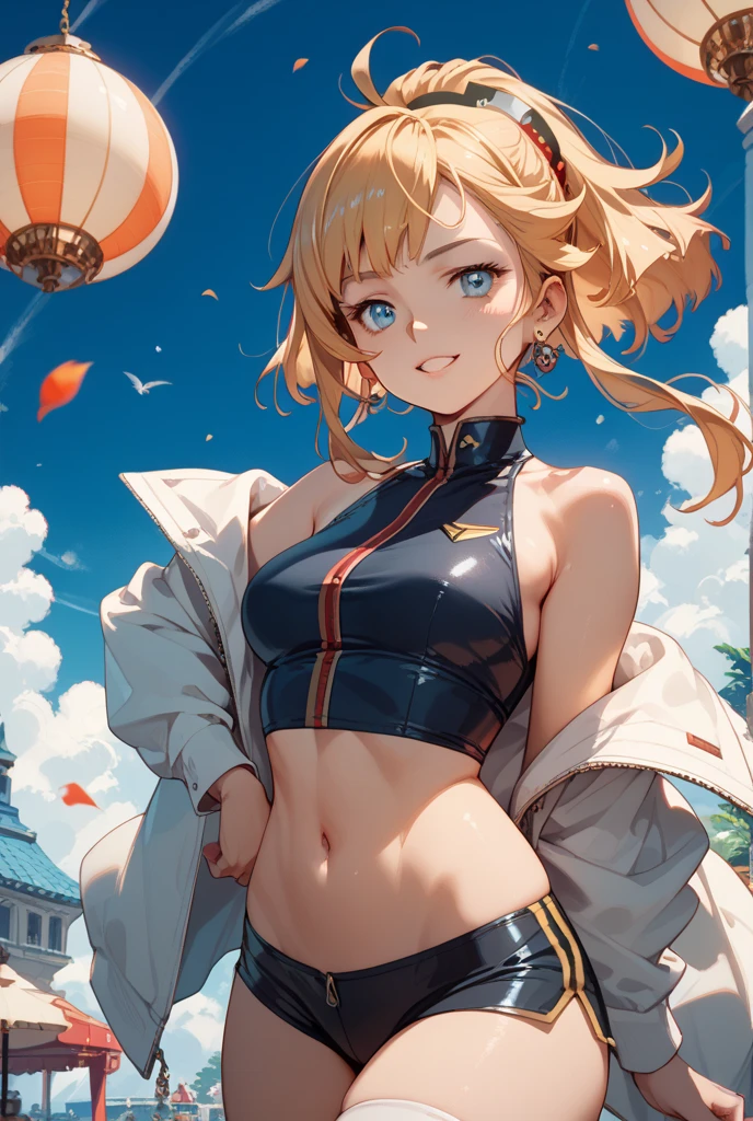 (((anime-style cute face))),(((One Girl、Kagamine Rin))),Highest quality, (Sharp details), (8k, RAW Photos, Highest quality, masterpiece), (extremely detailed 8k wallpaper),Professional Lighting,Sharp focus, Depth of written boundary、Ticker,(((Face close-up)))、(looking at the camera),((((very happy face))))、Very big eyes、Blue Eyes、anatomically correct body、Big thighs、Light from the front、The face is bright、Healthy beautiful breasts、Slightly muscular、((((Track and field uniforms are white and yellow))))、（The costume fits perfectly）、Cleavage、Nipples erect、（Hot pants are navy blue）、Shot from above、lure、Lots of sweat、Accentuate your body lines、