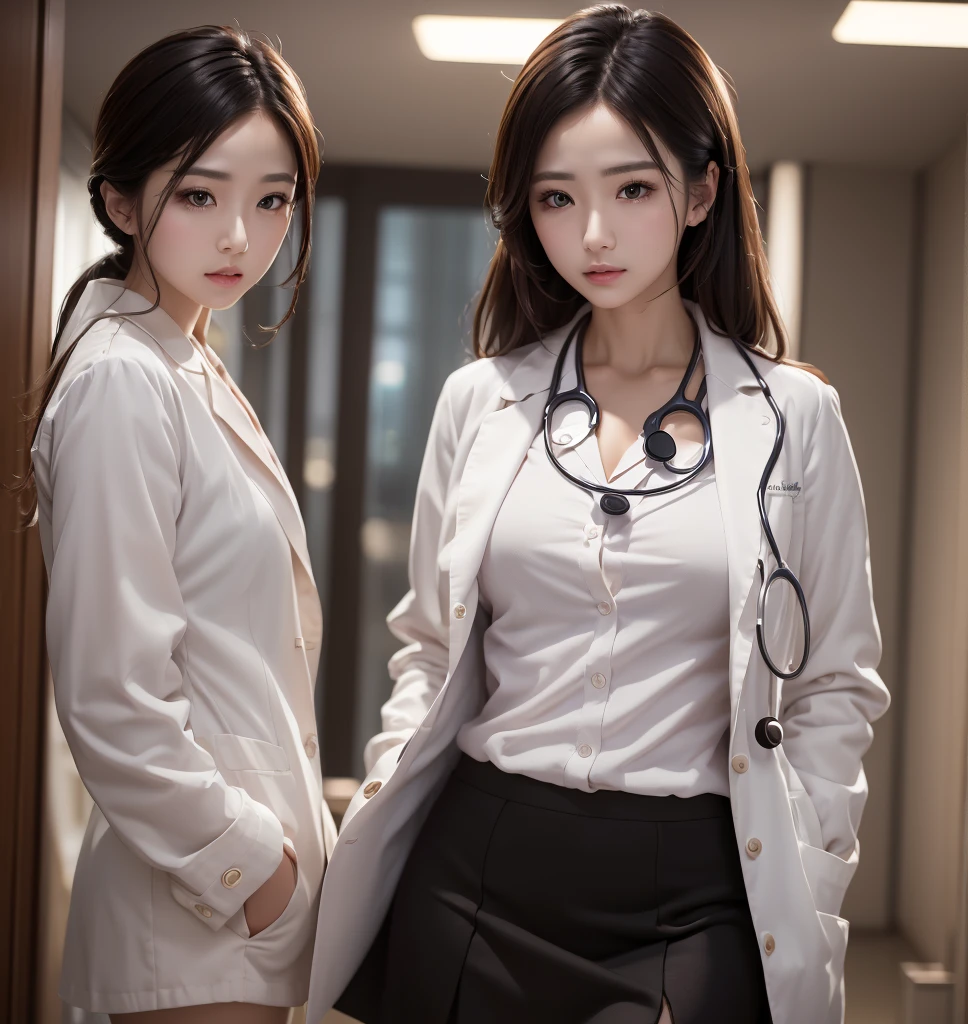 Realistic beautiful doctor、Stunningly beautiful、Doctor's white coat, Collared shirt、(Top quality、8K、32K、masterpiece、North African Trade Zone:1.3)、Ultra-high resolution,(Reality:1.4),Original Photography, Detailed face,,Beautiful hair, ((Doctor style)),,((Leg length)), (Thigh gap:1.5), , Black tight skirt、 Natural Makeup,, Big plump breasts、In the hospital, Detailed background, Perfect lighting, Depth of Field, Beautiful shadow gradient,Stethoscope ,