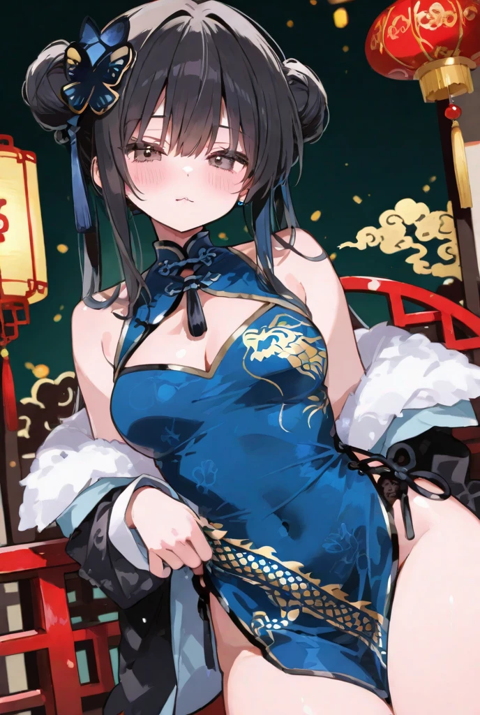 lying,full body,chinese clothes,large breasts,cleavage,seductive smile,sister,