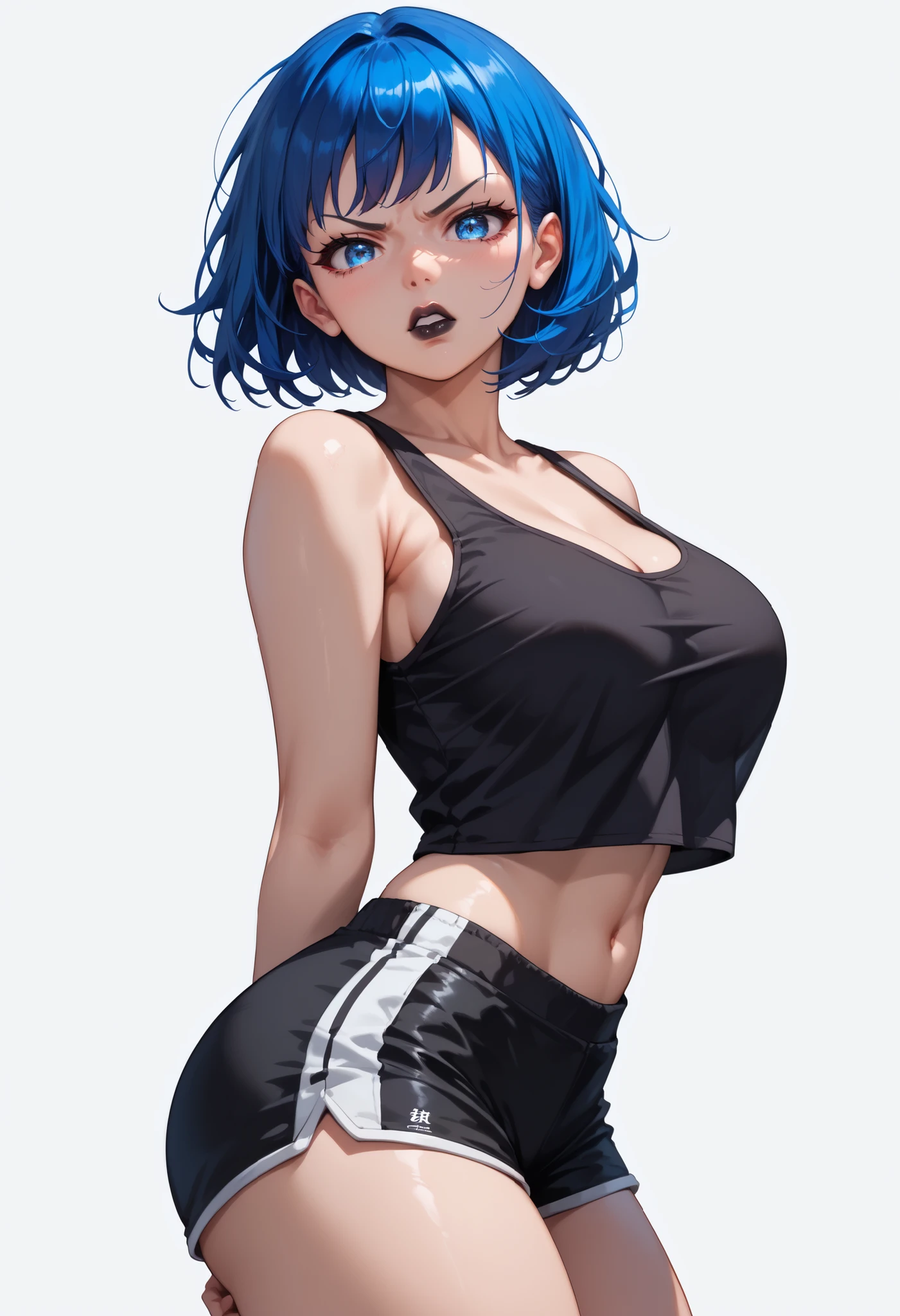 source_anime ,((White background)) White skin ((japan woman)) ((1girl)) , (solo girl) ,30 years old, rathing_questionable , Sharp long face (beautiful face:1.2), detailed eyes, (blue eyes), (Short straight blue hair:1.3) (Black tank top crop top :1.4) , (black sport shorts:1.2) , ((All black outfit)) (Veinous torso) Short hair ((Black lips:1.2)) , tall , Big ass , ((big breasts:0.8)) , sexy , strong , (angry)