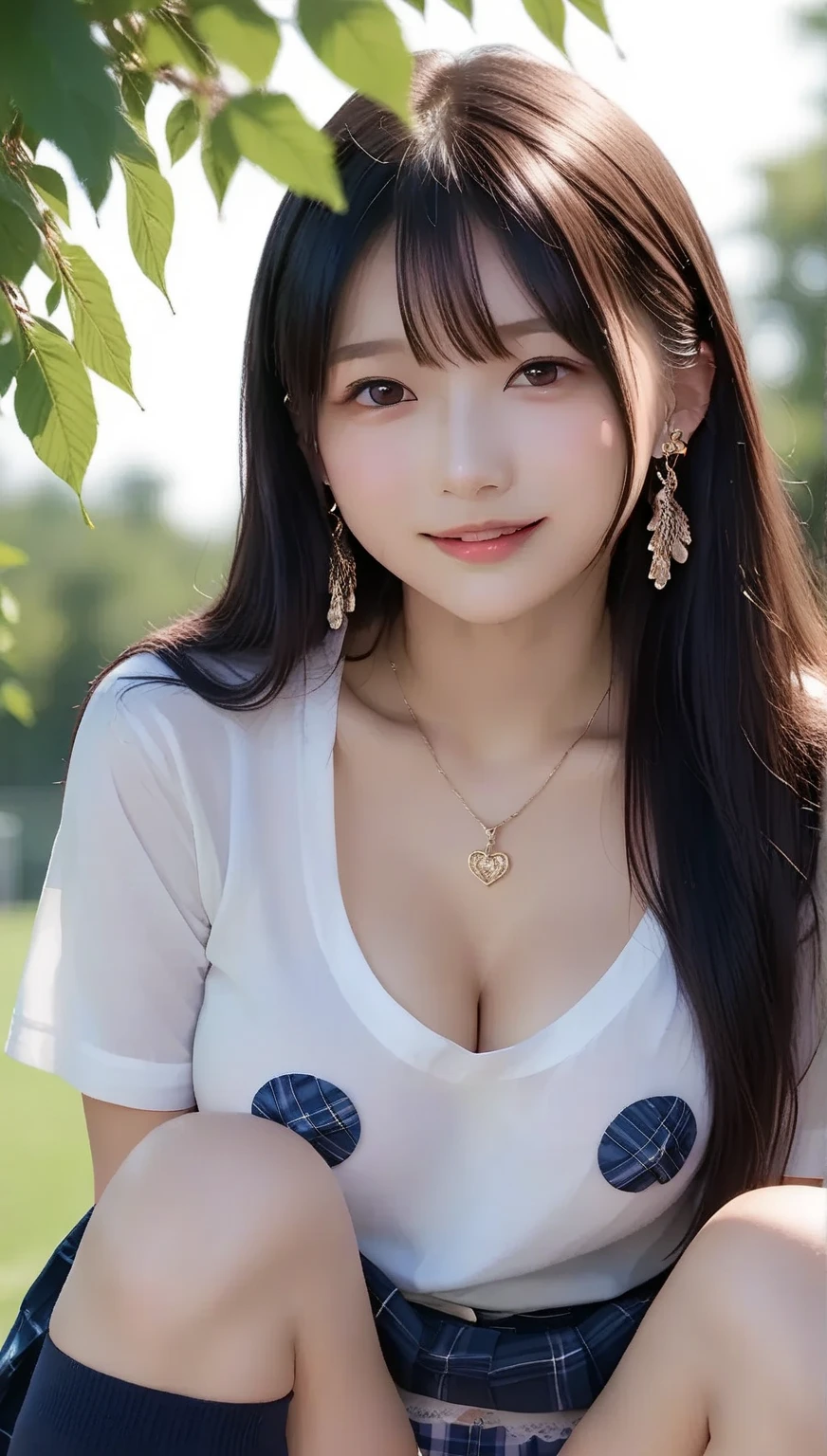 (Tabletop:1.4、Highest quality:1.4、Best image quality:1.4、A beautiful adult woman with a cute, mature smile:1.4、Beautiful Teeth、Lip gloss、Shiny shiny hair、Shiny Bangs、Long and shiny short hair,,,,、Long neck:1.4、Listen carefully、Tall Supermodels、Broad shouldered supermodel、{huge|big|hugeな|Mega} chest, Beautiful chest have cleavage)、(Cute school girl、、blazer、off-the-shoulder white shirt、Checkered pleated short skirt、28 years old)、Very cute and attractive woman、(Autumn leaves against a beautiful natural background)