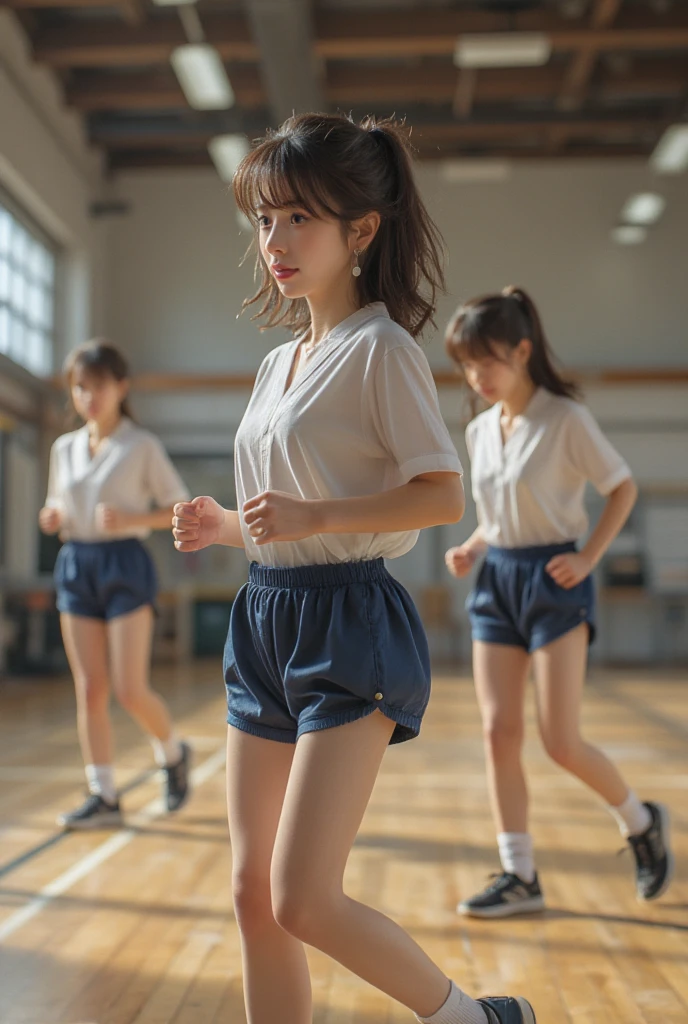 (fair skin:1.0), (perfect body:1.0), (athlete:1.0), (curvy body:1.0), (high resolution:1.0), (intricate details:1.0), (ultra detailed:1.0), (RAW photo:1.0), (8k:1.0), (4k:1.0), (blurry background:1.0), (coffee shop:1.0), (school:1.0)
BREAK
They are wearing athletic attire, including tank tops, shorts, and sneakers. Their hair is tied up or held back to keep it out of their faces. Each student is focused and determined, leaping sideways with coordinated movements. The gymnasium is spacious, with marked lines on the floor indicating the jumping area. The walls are adorned with motivational posters and sports equipment can be seen in the background. The atmosphere is energetic and filled with the sound of their rhythmic jumps.
BREAK
<lora:JapaneseDollLikeness_v15:0.4> <lora:flat2:-0.4> <lora:epi_noiseoffset2:0.4> <lora:gakkou-00008:0.7>