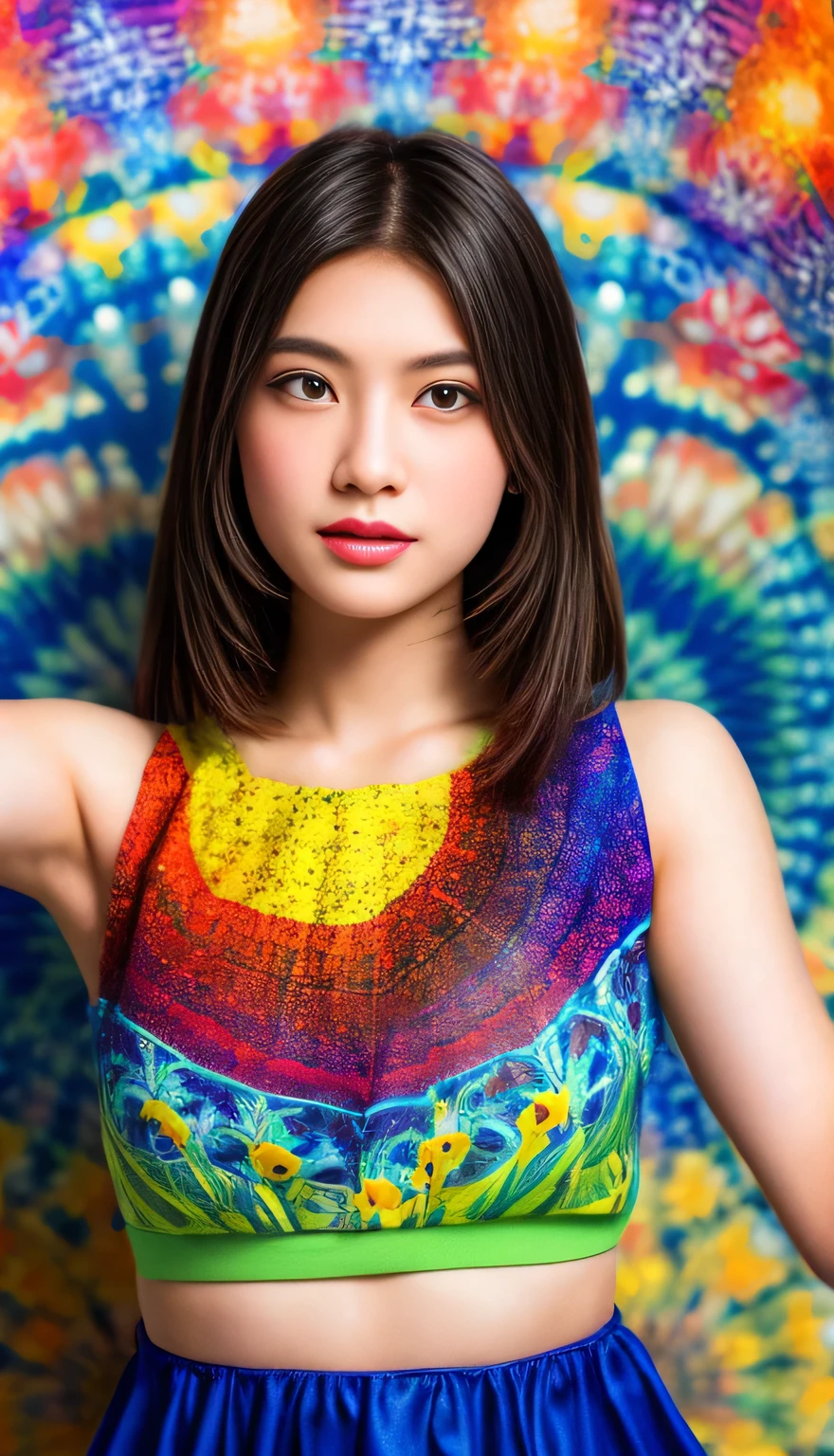 (masterpiece,highest quality),seamlessly blends the vibrant personality of the girl with the natural beauty of the leaves. As she dances through (a kaleidoscope of colors and patterns), the leaves react and mirror her movements with mesmerizing fractal designs,high-resolution details,biophile tech.

(masterpiece,highest quality),high-resolution details,sharp focus,(photorealistic:1.2),1girl,cowboy shot,(seamlessly blends the vibrant personality of the girl with the natural beauty of the flowers:1.1),(as she dances through (a kaleidoscope of colors and patterns), the flowers react and mirror her movements with mesmerizing fractal designs:1.1),