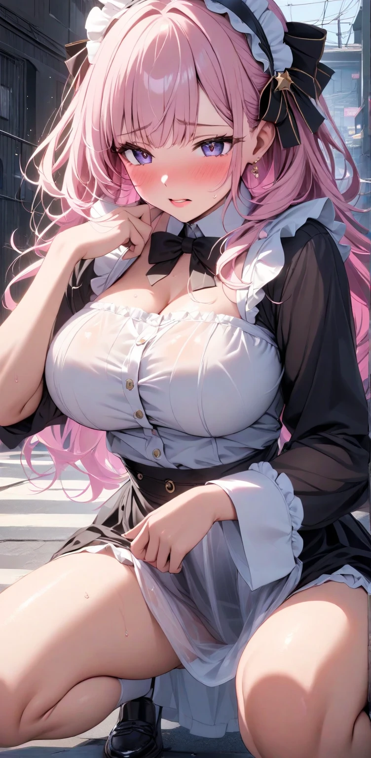 (Highest quality,Very detailed,1 Girl),Wearing black tights,Pink Hair,height: 160cm,cute,Pink Eyes,Twin tails,Big Breasts,Wear a uniform,Her eyes are white and shining,Look at me from up close,Has bright white eyes,He has an embarrassed look on his face.,Pink underwear is visible,