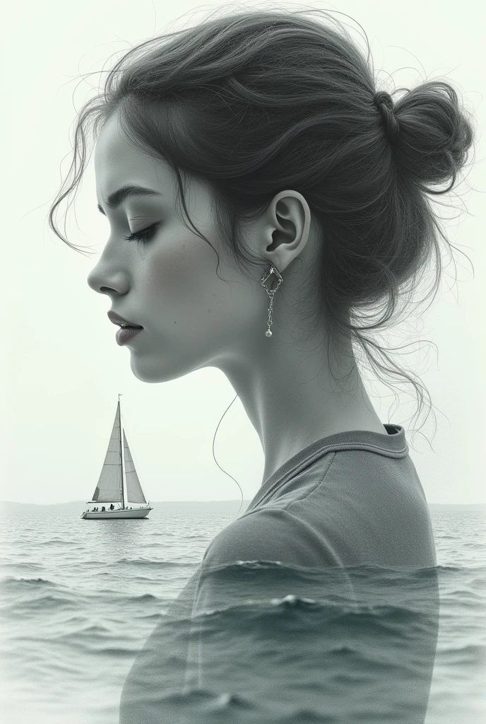 Da ist eine Frau mit einem Boot im Wasser hinter ihr, emotional surrealistische Kunst, Schwarz and white artwork, melancholische Kunst, Emotionales Bild, surreale Kunst, surrealistische Kunst, digitales Kunstbild, digital art - w 0, Surrealismus!!!!, Schwarz and white image, surrealistische Kunstwork, Dreaming Face, Surrealismus art, Schwarz & white art