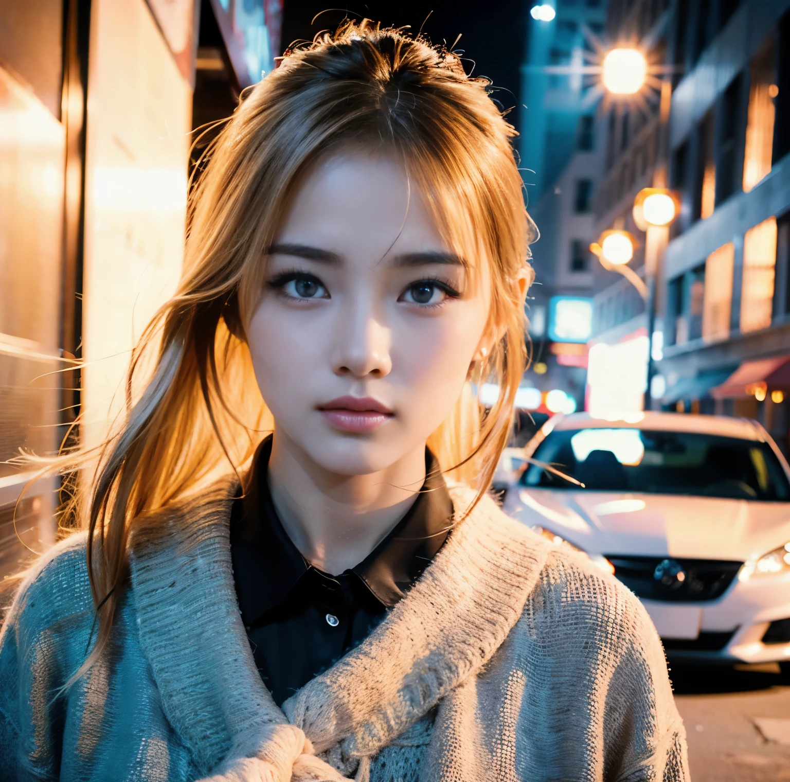 8K quality, pictures, Two beautiful men and beautiful women, (Beautiful like a goddess), in the city where the backlight of the intense sunset is dazzling, From the neck up, Red thin string ribbon tie on the collar, (Extra-fine silver glasses:1.2), (Brilliant, beautiful, bright blue eyes), (Blonde hair blowing in the wind), White Porcelain Whitening Skin, has bangs, super big , Photograph, look at the camera,