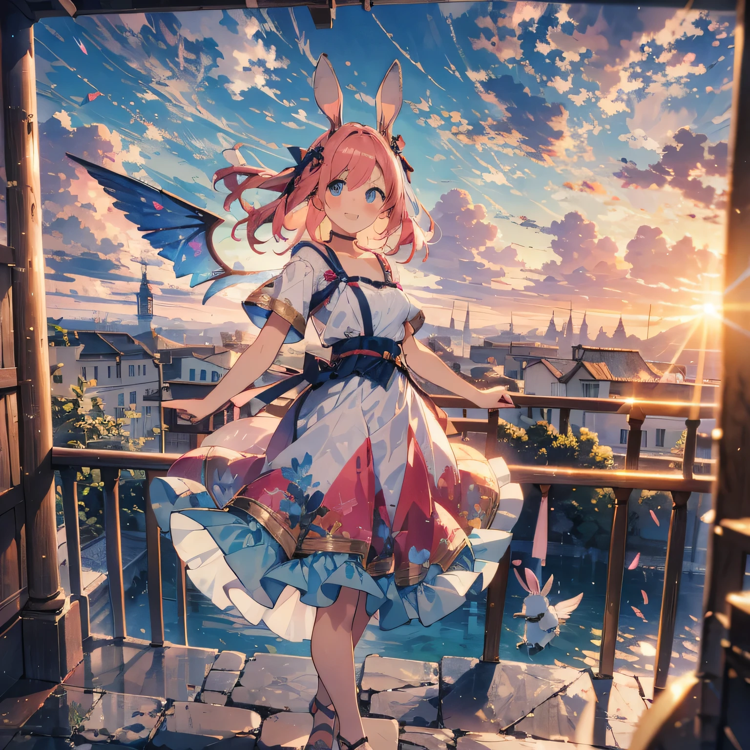 face in detail、Clouds float in the sky , The sunset dyed her wings red , The girl smiled happily , long flowing pink hair 。 She wore ancient Roman sandals , dynamic hair texture blurred , like a movie shot 。 is a masterpiece ,High Quality Graphics, with depth of field and story 。 the girl also wears pink rabbit ears 。