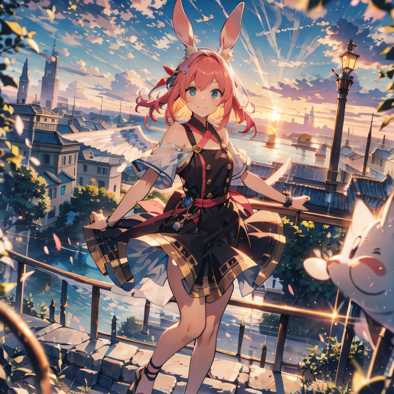 face in detail、Clouds float in the sky , The sunset dyed her wings red , The girl smiled happily , long flowing pink hair 。 She wore ancient Roman sandals , dynamic hair texture blurred , like a movie shot 。 is a masterpiece ,High Quality Graphics, with depth of field and story 。 the girl also wears pink rabbit ears 。
