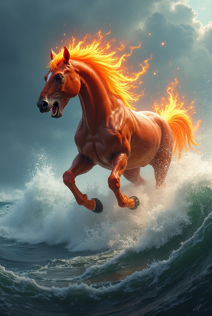 A horse holding a basketball on fire while jumping and scoring in the basketball net and is in the sea