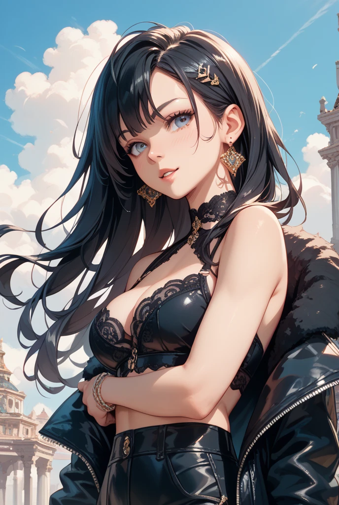 by Wlop, (Masterpiece) (Highest quality:1.4), (Highest Detailed:1.3), absurdres, Odette_ML, large breasts, thick thighs, full body composition, lifelike,smiling, Striking Contrast, Bold Composition, Evocative Intrigue, masterpiece,best quality, beautiful and aesthetic, cinematic composition, dynamic pose, (Rendered in ultra-high definition (UHD) resolution 8K:1.4), RAW,