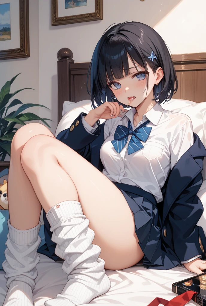 younger sister, Cute bra, 8K, of the highest quality, , look at a camera, Red cheeks, School uniform, embarrassed, Delicate hands, At home, Love brother, Black hair, Bob Hair, show off breasts, Be undress,show off breasts, Chest protruding pose, Eyes are hearts, Grinning, School uniform, a junior high school student, White stockings with open legs that clearly show the legs,,