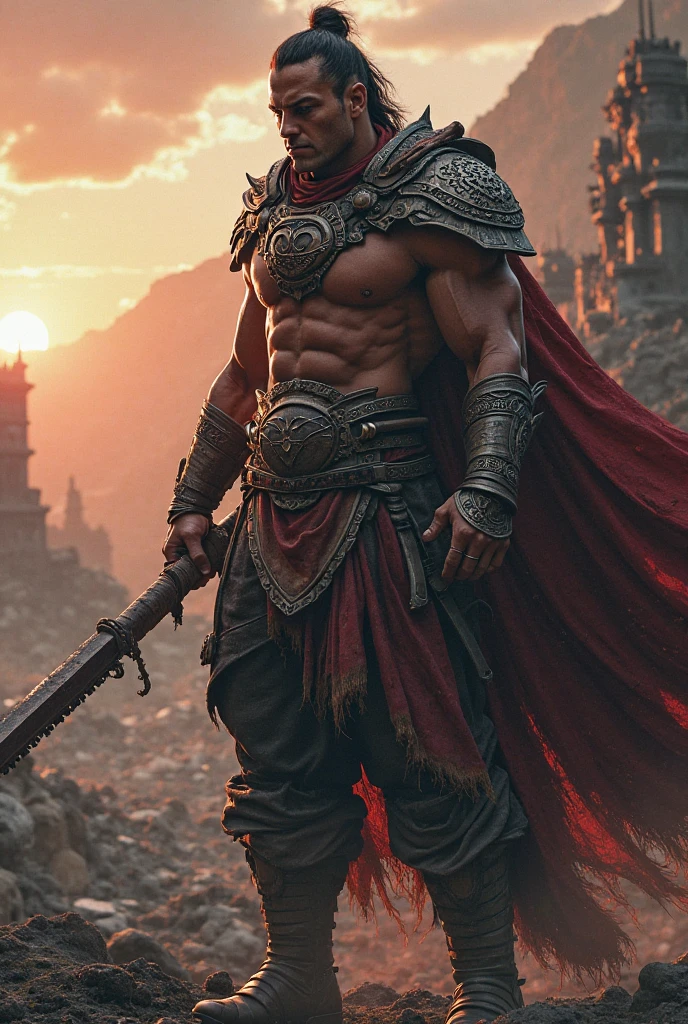 A man as a warrior, with red headgear and sword in hand, seen from behind, his sword has 2 points