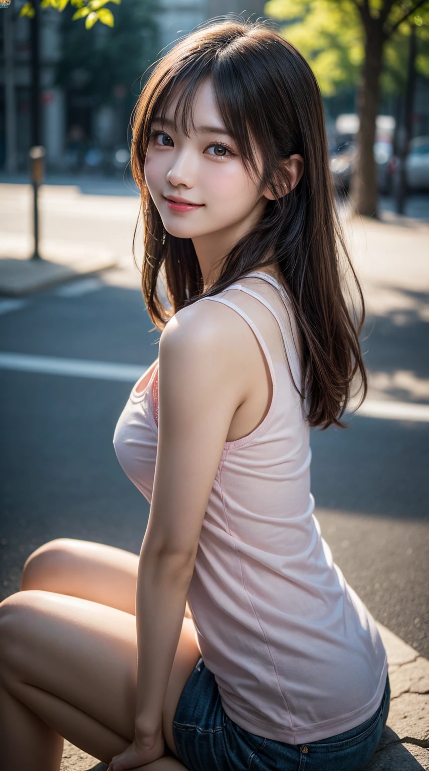 In detail, High resolution, high quality、Perfect dynamic composition, Beautiful attention to detail, Medium Hair, Natural color lip,Shibuya Ward、20-year-old girl、1 person、Clear Skin、Shiny Hair, 最high quality, Very detailed, In detail, High resolution, 8k、The correct state of the human body、squat、Sculpture model pose,Hair dancing in the wind