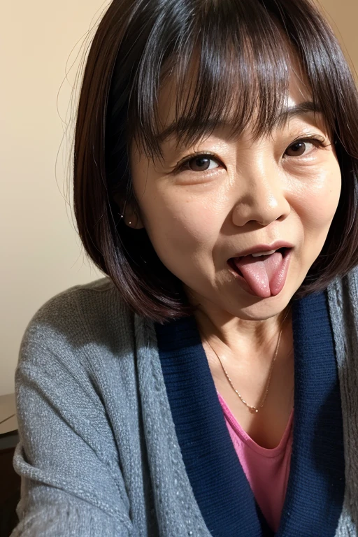 ((top-quality、8k、​masterpiece:1.3))、Photorealsitic, foco nítido, high-level image quality, hight resolution, Portrait, solo, japanes, Middle-aged woman, Beautie, 65 years old, Plump, wavy hair, The shirt, a miniskirt, Wrinkles at the corners of the eyes, tongue, big mouth, larynx、Wrinkles on the face, tongue, oguchi、Mouth wide open and tongue sticking out、Opening the mouth to the camera and showing the inside of the mouth、Hair is disheveled