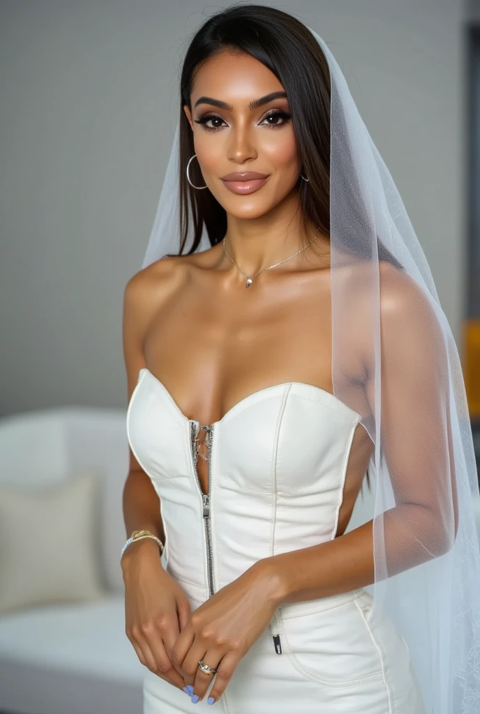 A scene of a busty beauty wearing a yellow wedding dress with a large opening at the neckline inviting a man with a big smile at the wedding venue