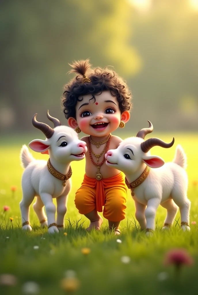 Krishna cute glossy having butter pot beside under a tree having a cute cow and deer anndd a flute in his hand