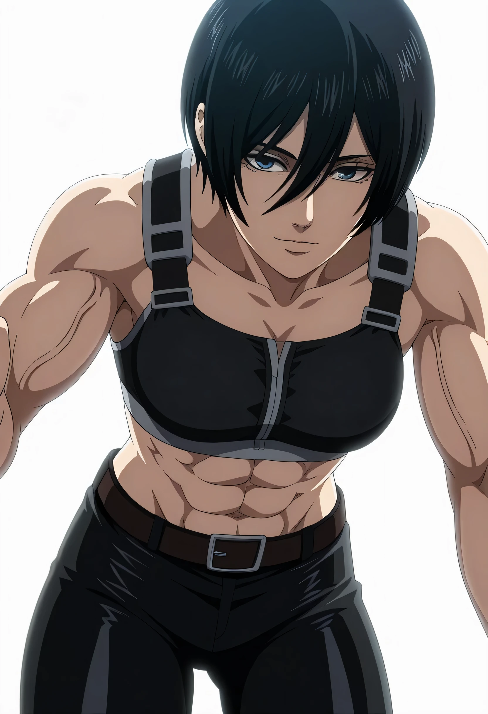 anime coloring, anime screencap, mikasa ackerman, 1girl, solo, short hair, black hair, towards viewer, badass, closed mouth, black sport bra, , belt, black pants, standing, cowboy shot, reaching towards viewer,, white background, simple background, masterpiece, best quality, highres, very aesthetic, very awa, newest, amazing details, intricate details, ultra detailed,six-pack,bluge between mikasa legs indicates that she have non erect penis,tone six-pack,lean,Matching design own anime,metal muscles designed,sexual pelvis muscles,mikasa handsome face,mikasa princes face,serratus anterior muscles,light smile,mikasa sexual energy enough to do 50 orgasms