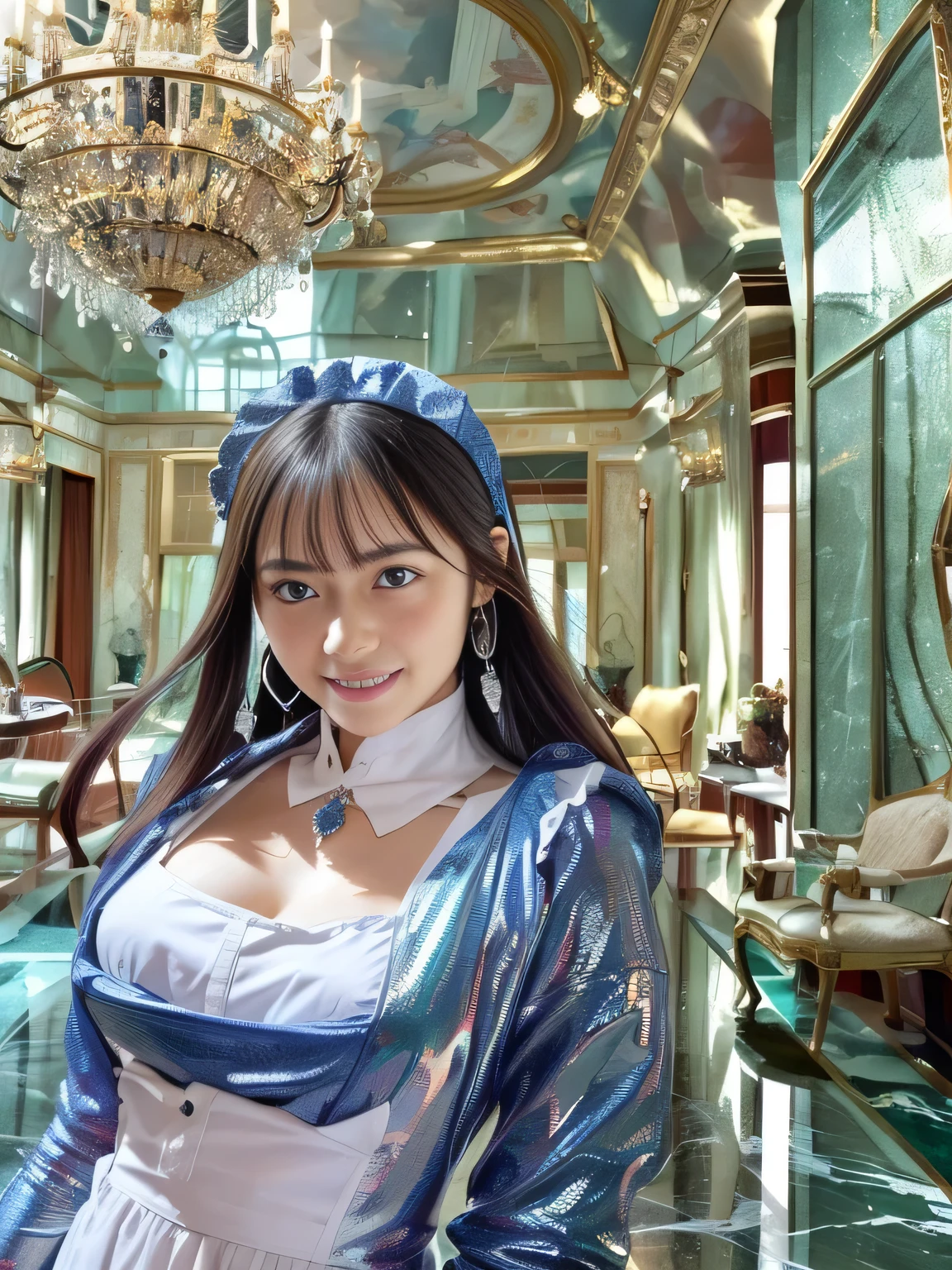 (((Max Video Quality、highest resolution、greatest masterpiece、8k)))、(((Detailed Faces)))(((cute face)))(((Baby Face)))(((Young contour)))(((lovely eyes and nose)))、((( Blizzard 10 )))(((model body type to sit)))(((perfect poddy line)))、(((Big Breasts 1.0)))((( Detailed Body .5)))、((( black long straight hair)))、(((Blue and White Edwardian Maid Outfitを着た女の子)))　Blue and White Edwardian Maid Dress　Blue and White Edwardian Maid Outfit　Girl in Japan maid outfit　  Blue and white gothic maid outfit　　Blue and White Edwardian Maid Outfitの女の子　Large Ruffled Maid Headband　(((Shining Holy Glass　Large Shiny Marble Room　Luxury furniture　Lavishly Decorated Living Room)))　 large glass window 　Japan 　look at the camera　  adorable smile　((( Dynamic Posing Poses )))((( gougoupaintleaves style )))(((lesbian couple shots 5.0)))