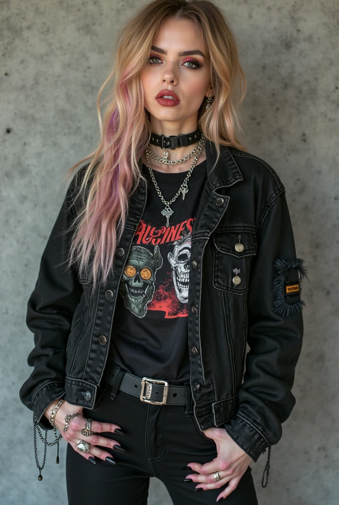 score_9, score_8_up, score_7_up, 1girl (medium full shot) of (gorgeous young woman:1.1) punk mexican, brown eyes, medium skin tone, medium build, wearing a tattered band t-shirt,ripped fishnet tights, vibrant pink hair styled into a sleek straight bob with blunt bangs, fingerless gloves, pointing at you, standing with hands on hips, euphoric,victory pose, in a mosh pit-inspired living room, with a worn-out couch surrounded by concert stage props like speakers, amplifiers, and stage lights, evoking the energy of a live punk show, Masterpiece,best quality, photorealistic, amazing quality, very aesthetic, extremely detailed face