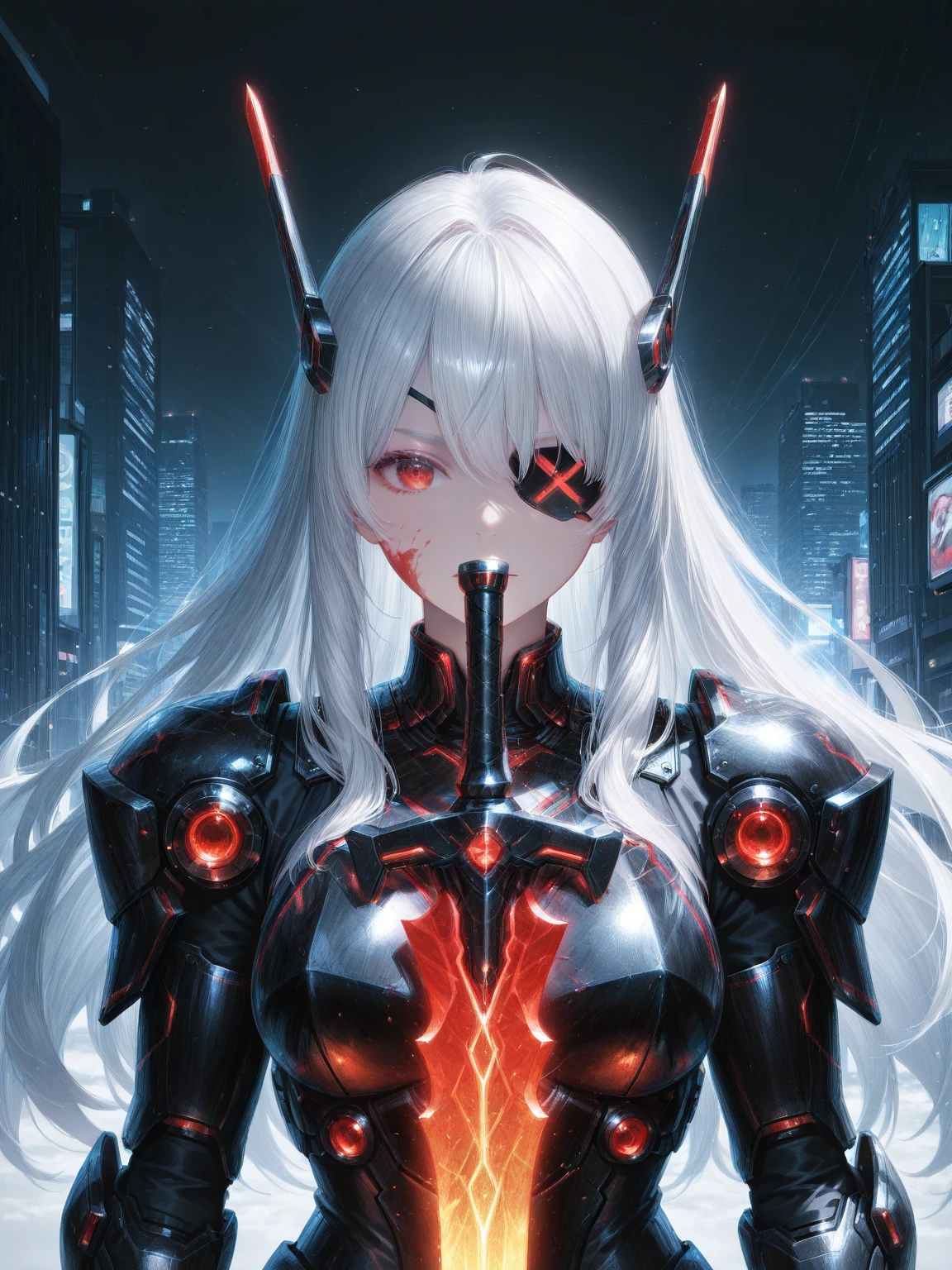 In the stark dystopian landscape, a menacing cybernetic wolf girl emerges from the shadows, a ruthless predator that strikes fear into the hearts of its prey. This captivating still, portrayed in a highly detailed digital painting, depicts the sinister creature with sleek metallic silver fur, sharp bionic fangs glistening with malevolence, and piercing red laser eyes that seem to penetrate the viewer's soul. The image is so lifelike that one can almost feel the cold, artificial breath of the predator, perfectly capturing the unsettling essence of this futuristic chilling menace.