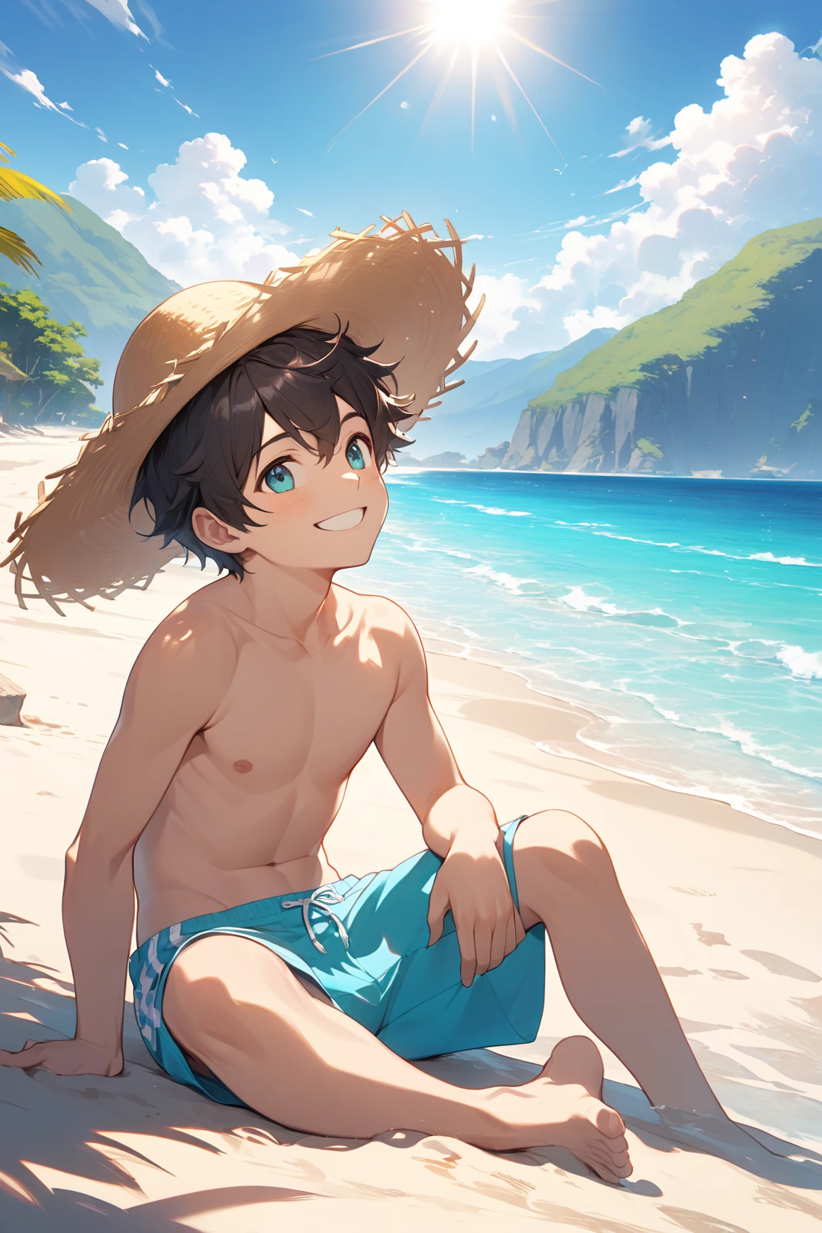 (tmasterpiece,Best quality at best,absurd res),ultra - detailed,1boy,male anime character,, young anime man, Anime boy,Naked boys,little mouth,is shy,Be red in the face,Shy,Detailed eyes,nakeness,Brown hair color,eBlue eyes,japanese-inspired,Have by the sea,Beach shorts