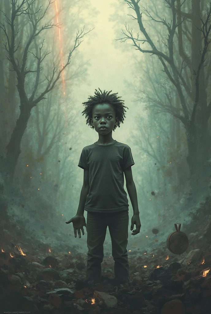 a dark boy felling sad in the forest with family