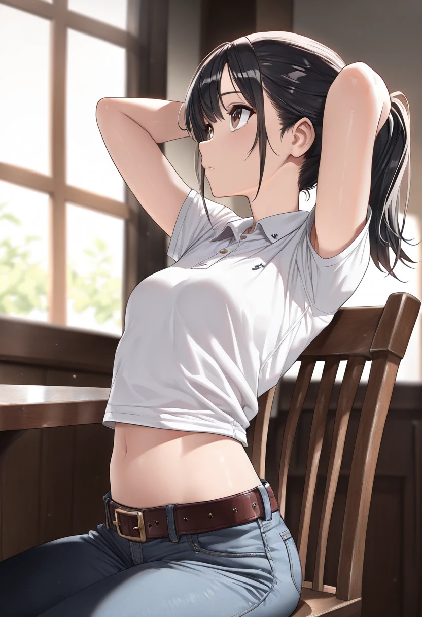 (Look from the back) sitting down relaxed thong tank top (slightly looking over her shoulder) 