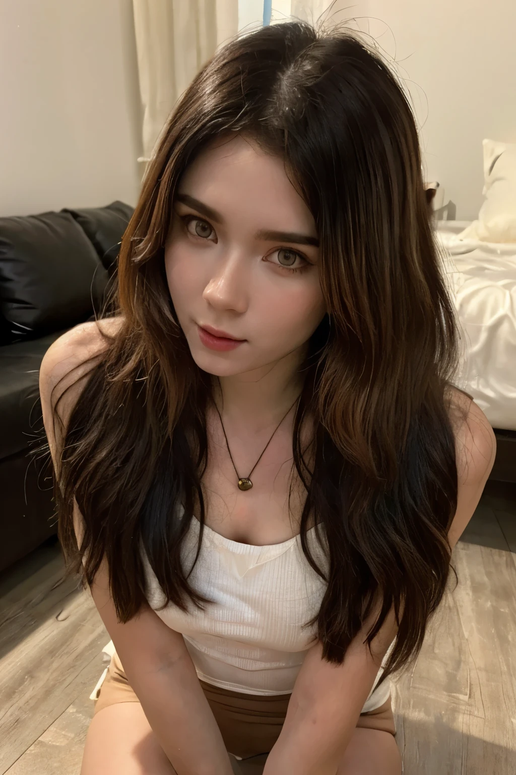 ((Masterpiece, high quality, super detailed, 8k, RAW Photo, hyper-realistic)), 1 girl, long wavy hair, ((brown ombre hair)), Perfect face, thin face ((lying silkworm eyes)), shinny skin, open clothes, in the bedroom, (sitting under the floor), look at the camera, slim body, perfect eyes, big nose, wearing necklace with pendant, earings