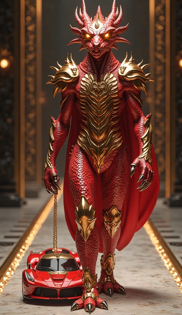 (Elder dragon), red dragon, ((scalie skin)), gold incraved scales, (very saggy breasts:1.5), gold ornaments, (voluptuous), strong body, (super pregnant), standing, full body view, outdoors, ((3D rendering))
