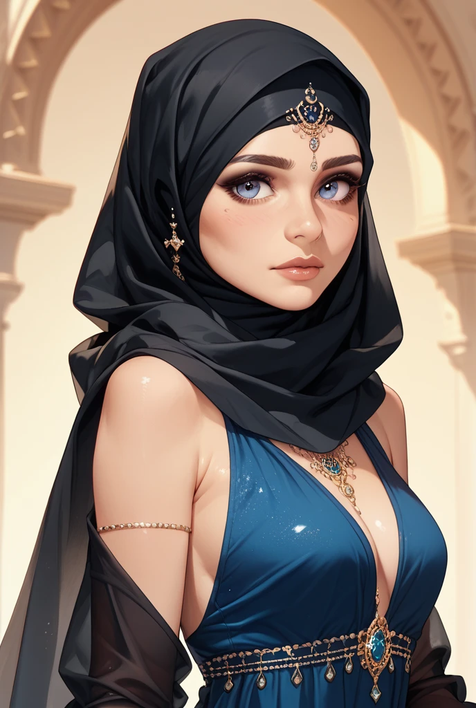 beautiful detailed eyes, beautiful detailed lips, extremely detailed eyes and face, long eyelashes, beautiful hijabi girl, 1girl, 18 years old, tight black clothes, voluptuous breasts, golden bangles, bracelets, necklaces, swiss golden watch, in classroom, shy expression, (best quality,4k,8k,highres,masterpiece:1.2),ultra-detailed,(realistic,photorealistic,photo-realistic:1.37),portraiture,fantasy,warm color tones,dramatic lighting