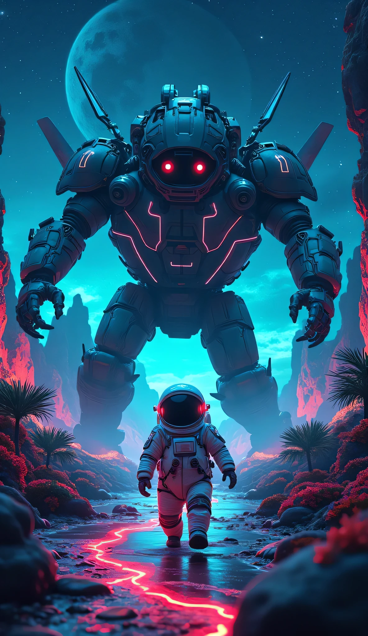 POV of an overweight baby astronaut being chased by a massive dark cyan ...