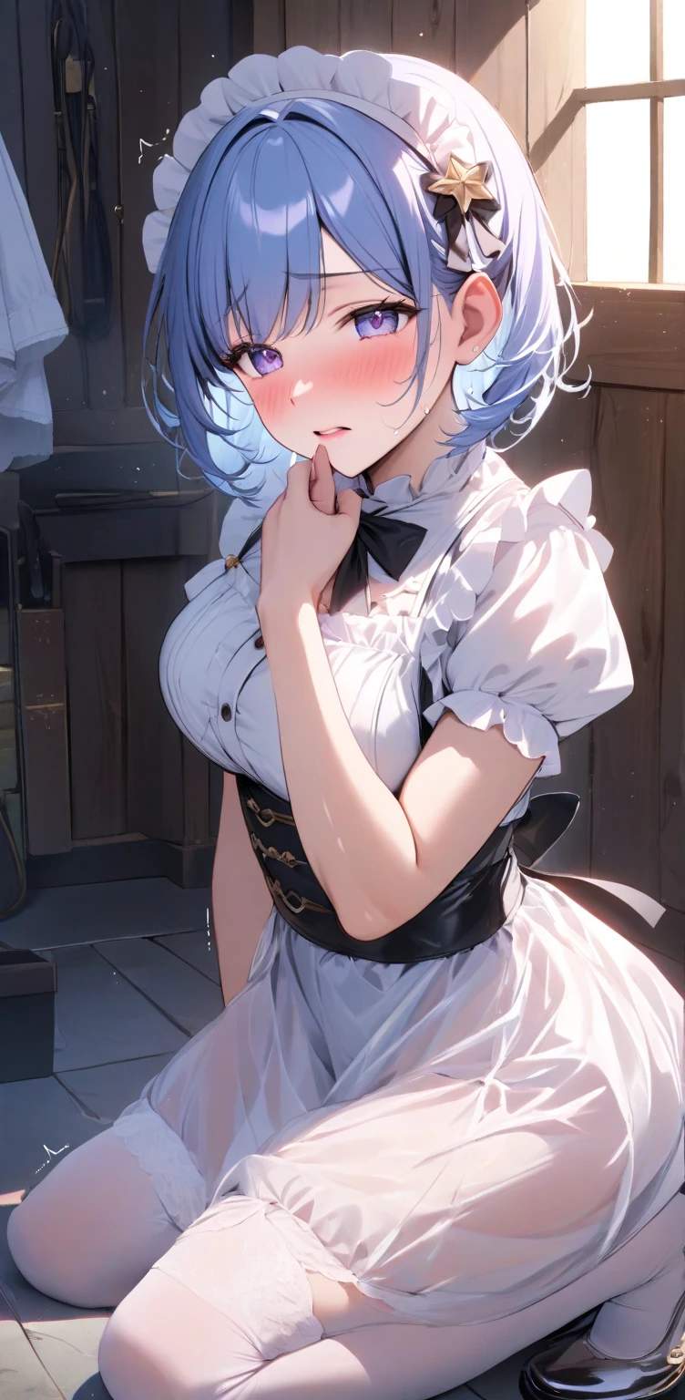 (1girl, NSFW, neferpitou, beautiful girl, beautiful face ((neferpitou)), look at viewer, humiliated, front face, rem, blue eyes, blue hair, hair ornament, hair over one eye, hair ribbon, short hair, x hair ornament apron, black ribbon, black skirt, black sleeves, detached collar, detached sleeves, flower, frilled apron, frilled skirt, frills, head wreath, long sleeves, maid, miniskirt, neck ribbon, purple ribbon, ribbon, ribbon trim, ribbon-trimmed sleeves, roswaal mansion maid uniform, short hair, skirt, thighhighs, waist apron, white apron, white thighhighs,, huge ass, wide hips, large breasts, blush, sweat, realistic, huge breasts), (beautiful, masterpiece, super detailed, perfect lighting, shiny), (white wall, low angle,