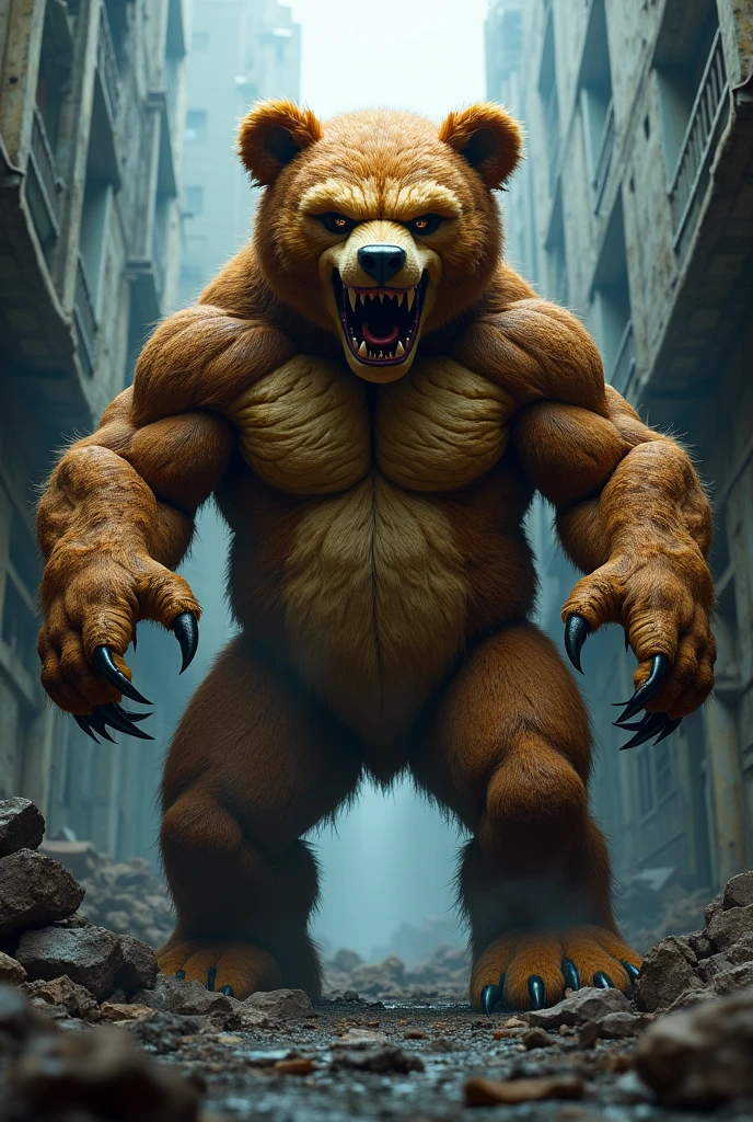 Bear,, eyes glowing red, , Red lines on the body, , ((((very muscular)))),,, Height 3 meters、well-muscled、brown coat color、Gachimuchi、fight、Combat Poses、Trying to grab、beast aura、bright red aura、irate、Glowing white eyes、Spark、good physique、super strong、Back alleys of the city