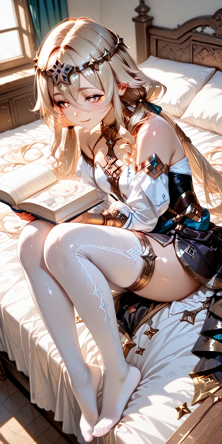 masutepiece, Best Quality,  the Extremely Detailed CG Unity 8K Wallpapers, Sacred costume, Long dark blonde wavy hair、White lace dress, Long flared skirt, Medium milk,  Puffy nipple、Blushing, Shy laughter, Bare shoulders、sexy hips、Sexy black underwear、Luxurious magic wand and book、Church Beds、Sleep in bed、spreading arms widely